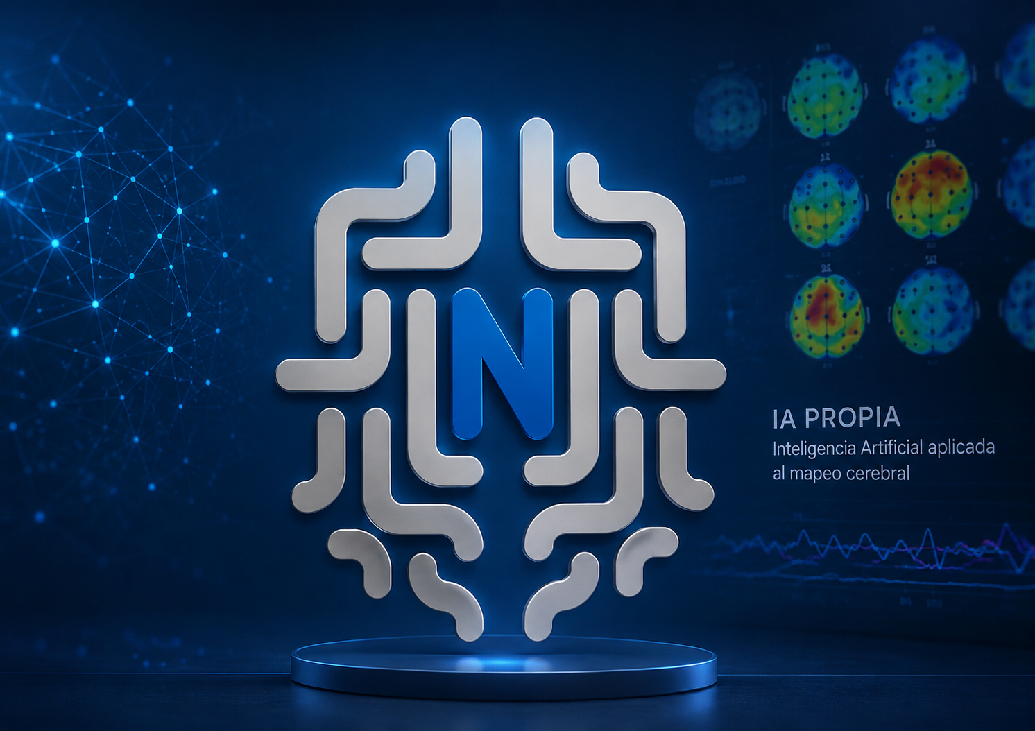 Logotipo digital de un cerebro estilizado con una N azul, sobre fondo oscuro con mapas cerebrales y el texto IA PROPIA.