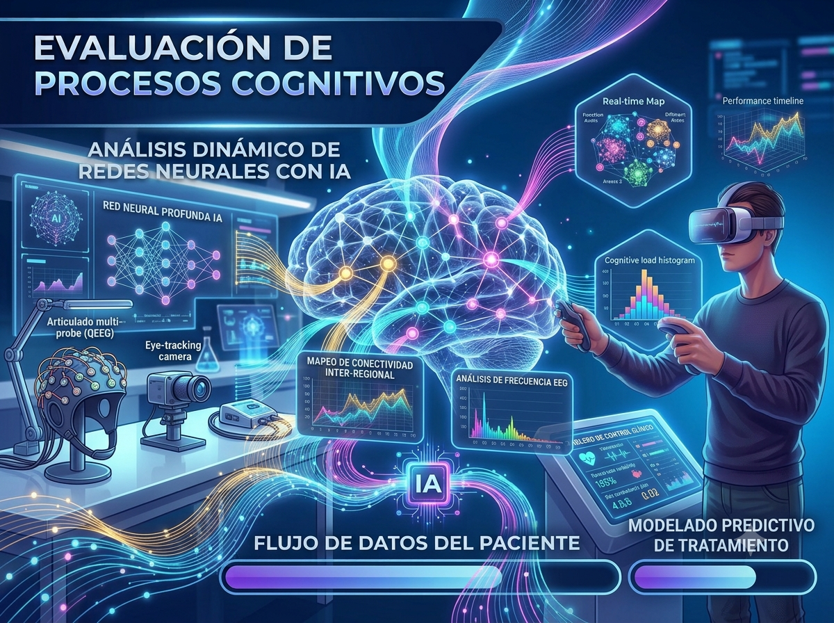 Una ilustración tecnológica muestra un cerebro conectado a redes neuronales, gráficos EEG y una persona con visor VR.