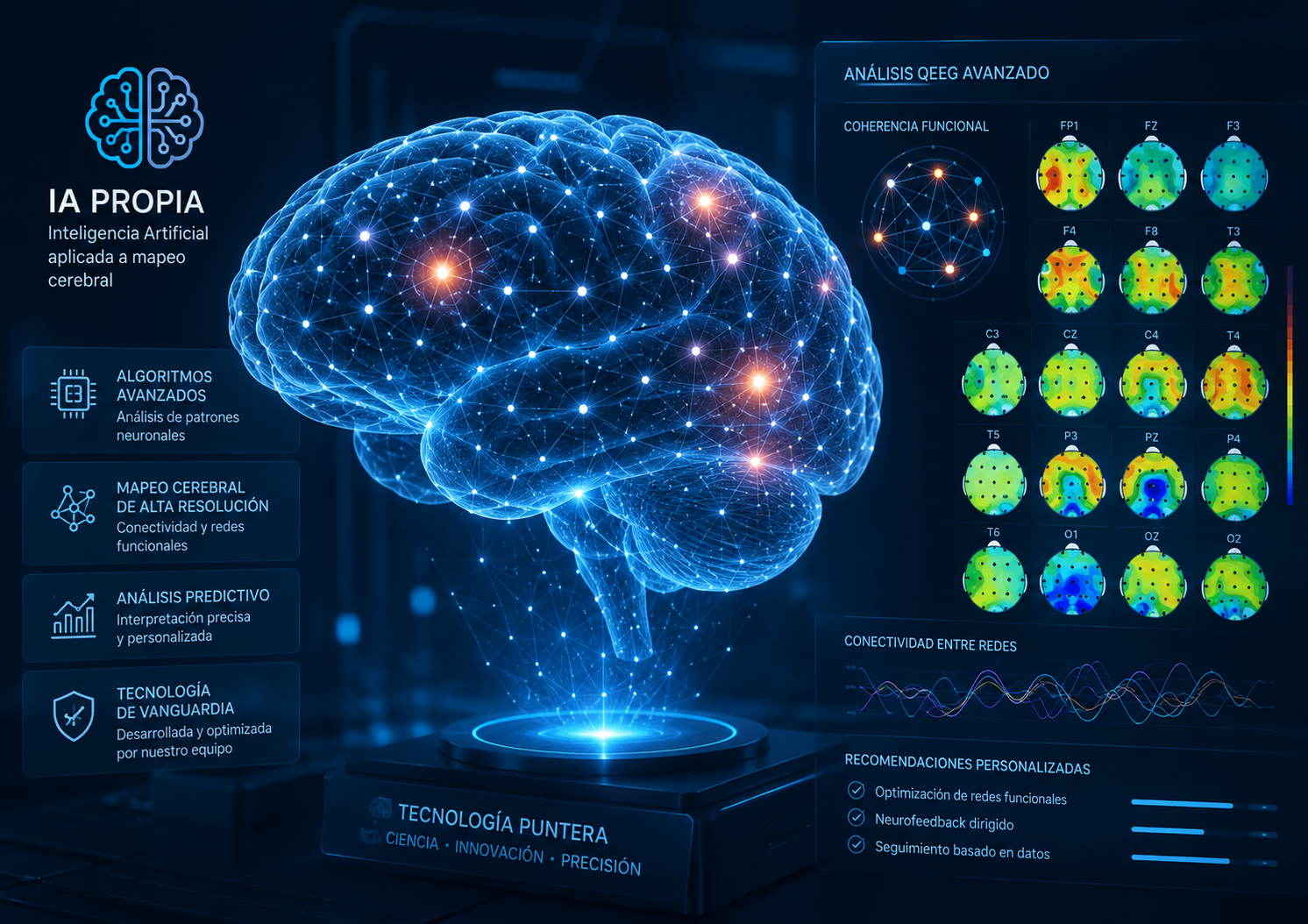 Visualización azul de un cerebro digital con nodos luminosos y paneles de análisis QEEG avanzado, junto al texto "IA PROPIA".